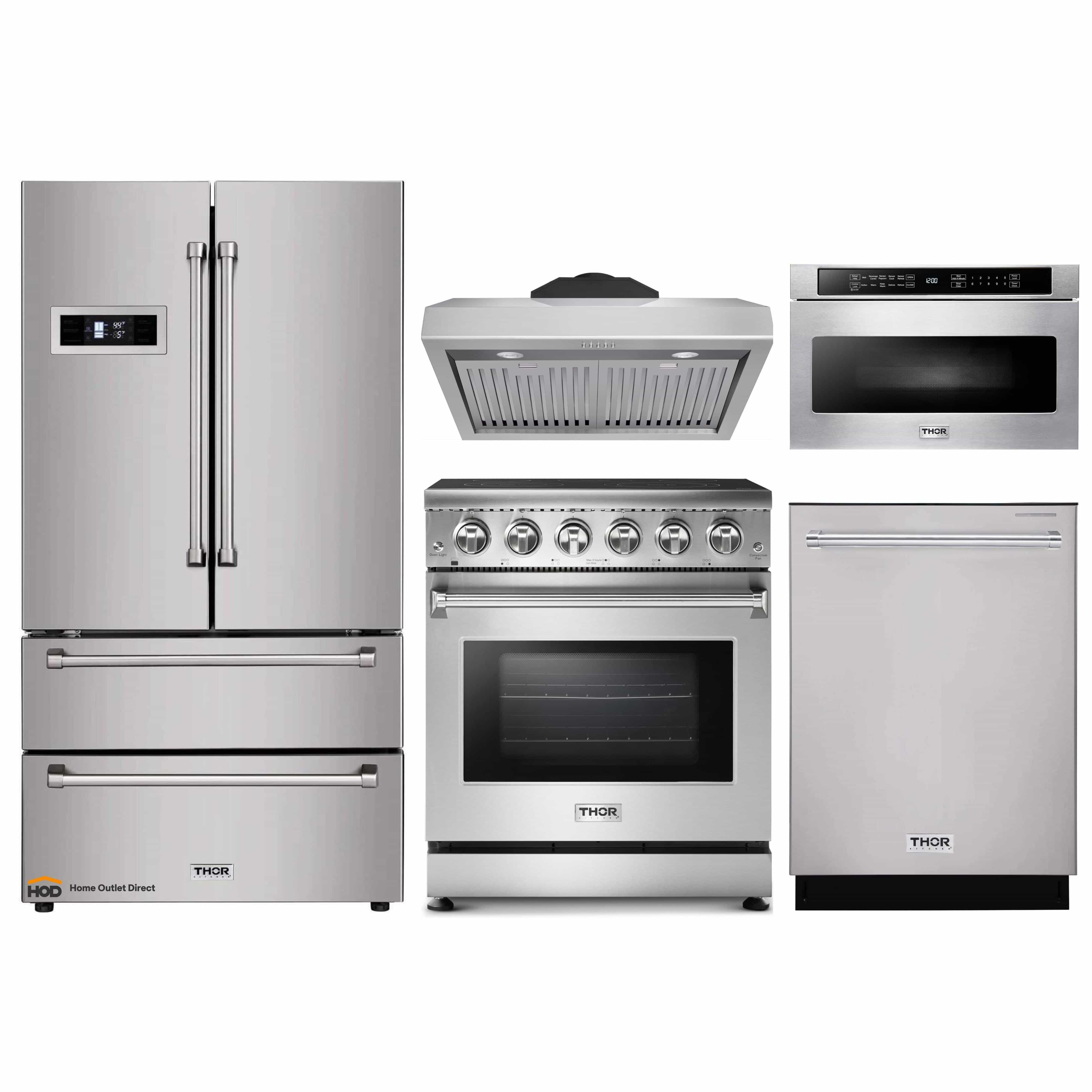 Thor Kitchen 5-Piece Appliance Package - 30-Inch Electric Range, Refrigerator, Under Cabinet Hood, Dishwasher, and Microwave Drawer in Stainless Steel