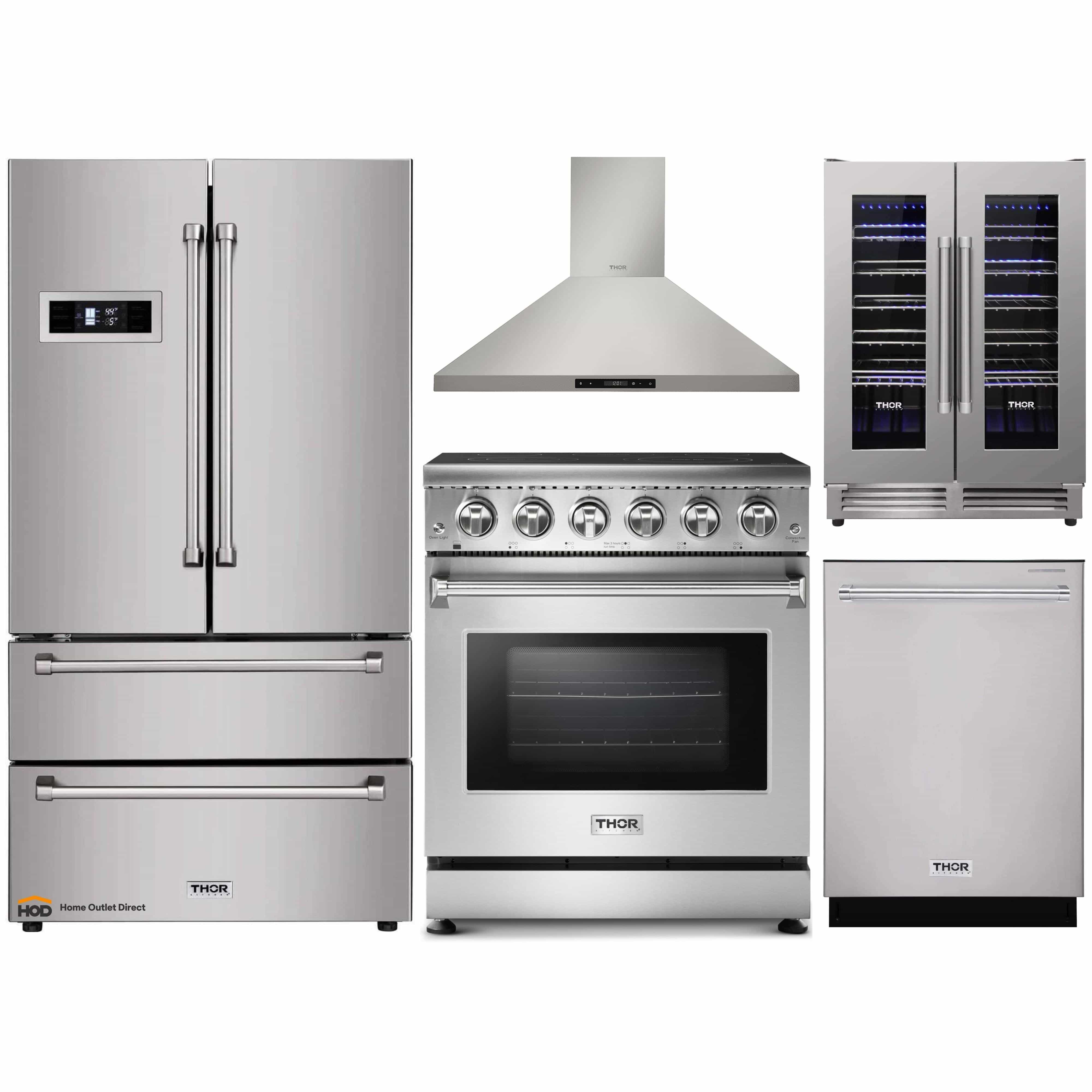 Thor Kitchen 5-Piece Appliance Package - 30-Inch Electric Range, Refrigerator, Wall Mount Hood, Dishwasher, & Wine Cooler in Stainless Steel