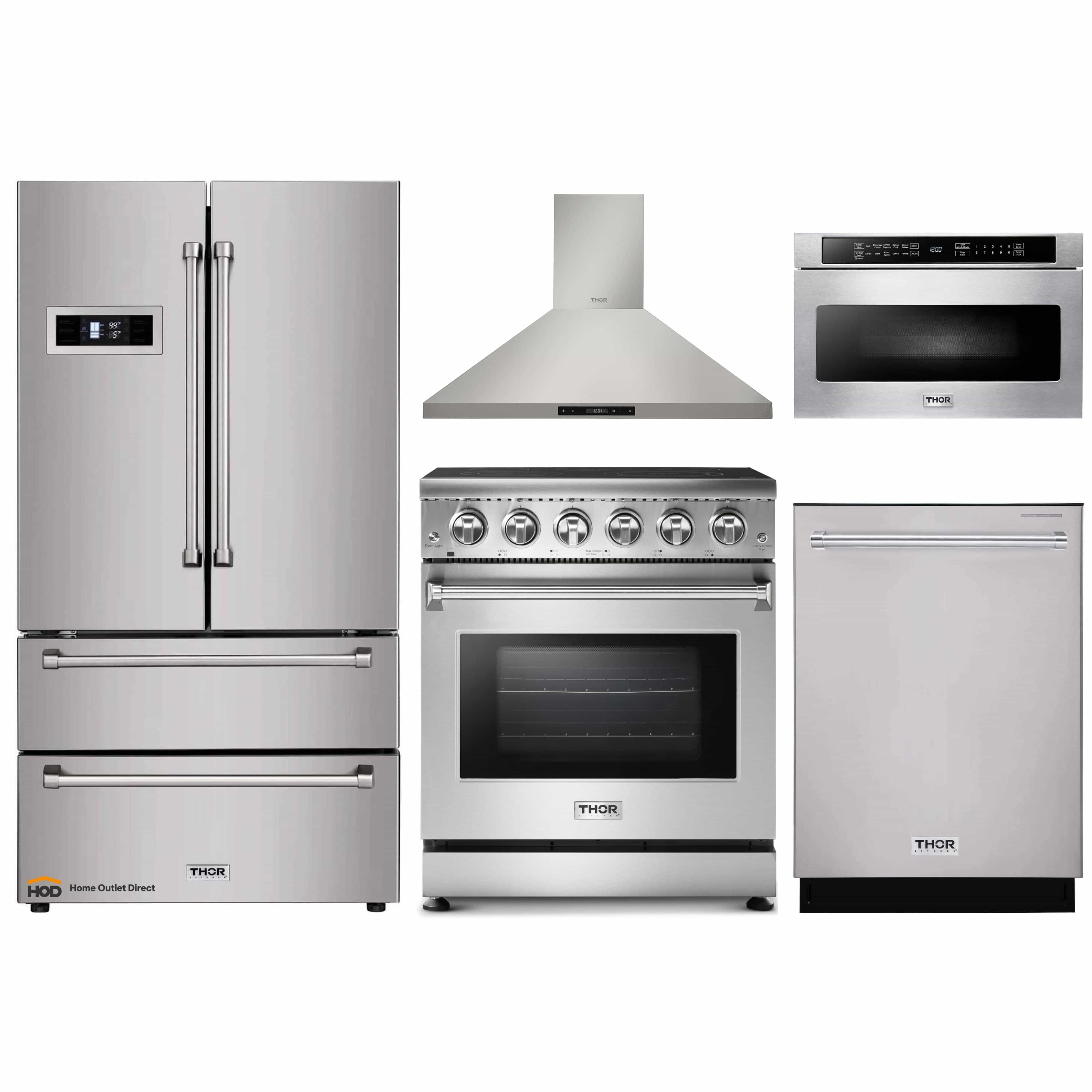 Thor Kitchen 5-Piece Appliance Package - 30-Inch Electric Range, Refrigerator, Wall Mount Hood, Dishwasher, and Microwave Drawer in Stainless Steel