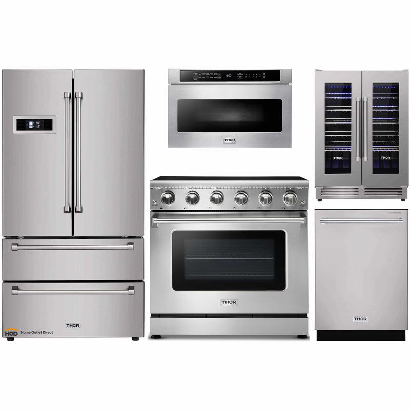 Thor Kitchen 5-Piece Appliance Package - 36-Inch Electric Range, Refrigerator, Dishwasher, Microwave Drawer, & Wine Cooler in Stainless Steel