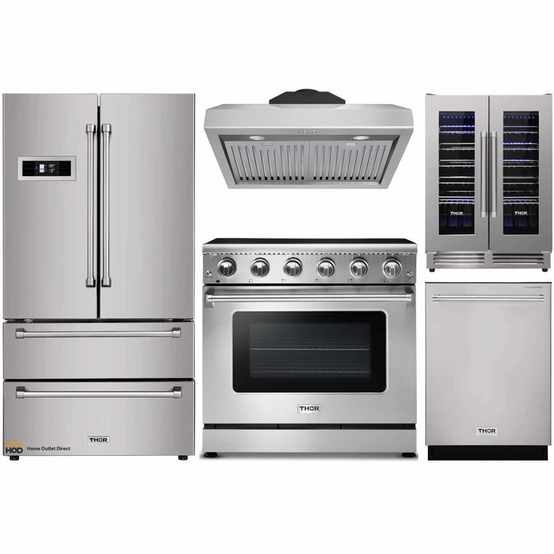 Thor Kitchen 5-Piece Appliance Package - 36-Inch Electric Range, Refrigerator, Under Cabinet Hood, Dishwasher, & Wine Cooler in Stainless Steel