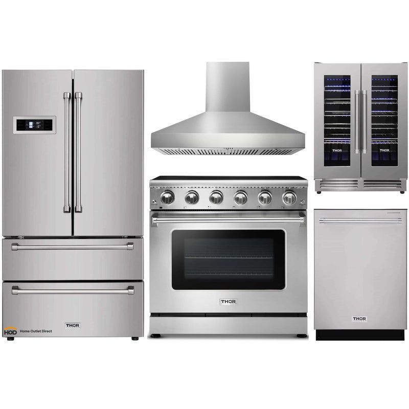Thor Kitchen 5-Piece Appliance Package - 36-Inch Electric Range, Refrigerator, Wall Mount Hood, Dishwasher, & Wine Cooler in Stainless Steel