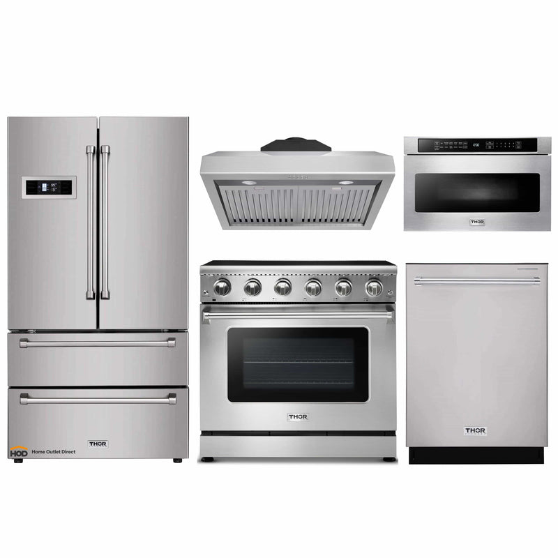 Thor Kitchen 5-Piece Appliance Package - 36-Inch Electric Range, Refrigerator, Under Cabinet Hood, Dishwasher, and Microwave Drawer in Stainless Steel