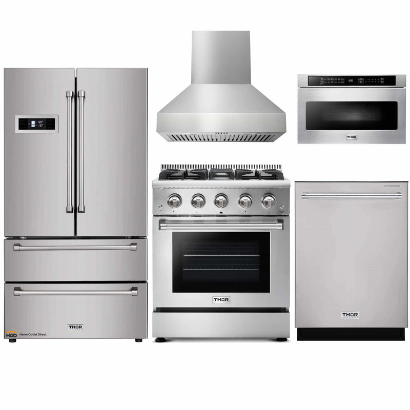 Thor Kitchen 5-Piece Pro Appliance Package - 30-Inch Gas Range, Refrigerator, Pro-Style Wall Mount Hood, Dishwasher, and Microwave Drawer in Stainless Steel