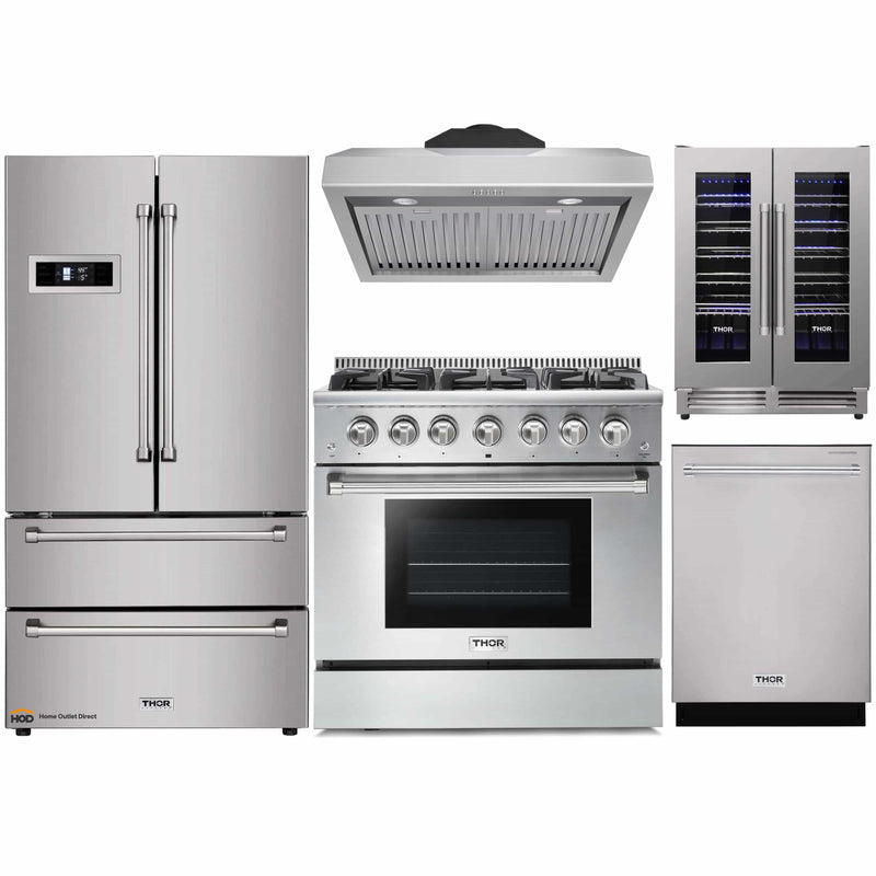 Thor Kitchen 5-Piece Pro Appliance Package - 36-Inch Gas Range, Refrigerator, Under Cabinet Hood, Dishwasher, and Wine Cooler in Stainless Steel