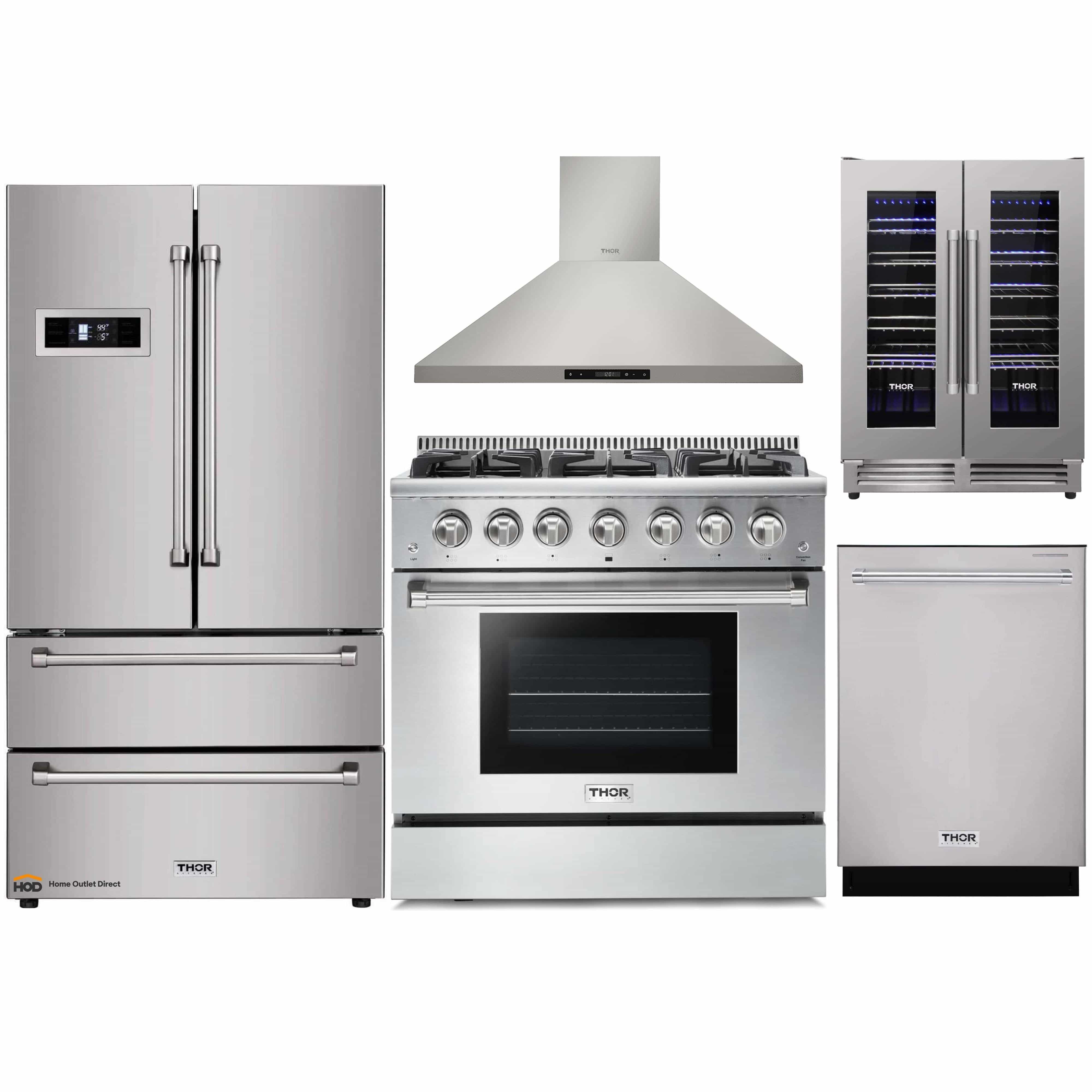 Thor Kitchen 5-Piece Pro Appliance Package - 36-Inch Gas Range, Refrigerator, Wall Mount Hood, Dishwasher, and Wine Cooler in Stainless Steel