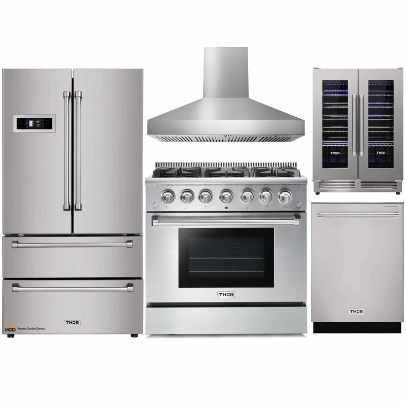 Thor Kitchen 5-Piece Pro Appliance Package - 36-Inch Gas Range, Refrigerator, Wall Mount Hood, Dishwasher, and Wine Cooler in Stainless Steel