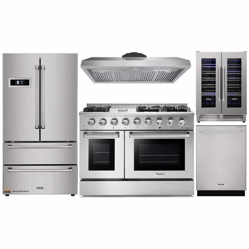 Thor Kitchen 5-Piece Pro Appliance Package - 48-Inch Gas Range, Refrigerator, Dishwasher, Under Cabinet 11-Inch Tall Hood Wine Cooler in Stainless Steel