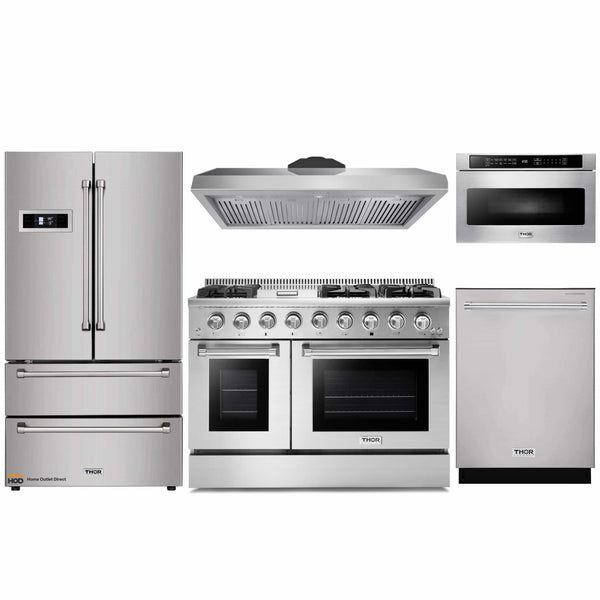 Thor Kitchen 5-Piece Pro Appliance Package - 48-Inch Gas Range, Refrigerator, Dishwasher, Under Cabinet Hood, and Microwave Drawer in Stainless Steel