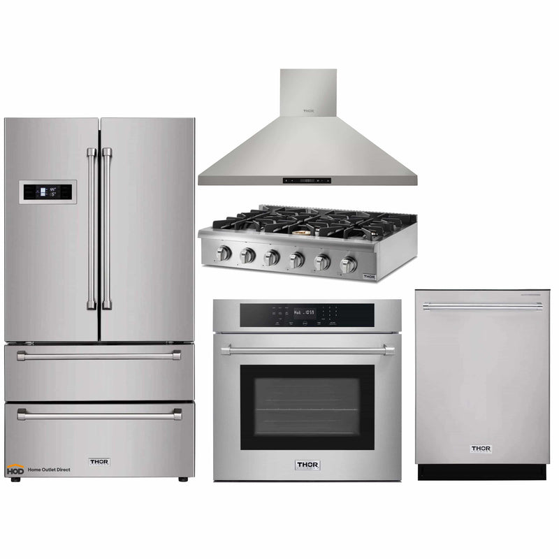 Thor Kitchen 5-Piece Pro Appliance Package - 36-Inch Rangetop, Electric Wall Oven, Wall Mount Hood, Dishwasher & Refrigerator in Stainless Steel