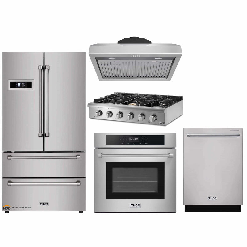 Thor Kitchen 5-Piece Pro Appliance Package - 36-Inch Rangetop, Electric Wall Oven, Under Cabinet Hood, Dishwasher & Refrigerator in Stainless Steel