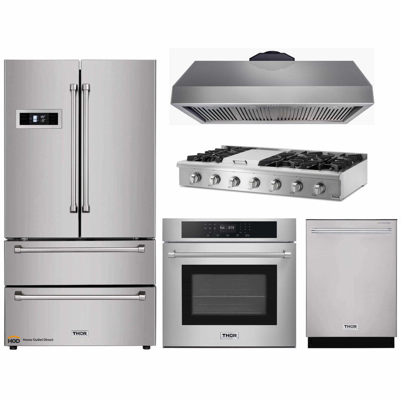 Thor Kitchen 5-Piece Pro Appliance Package - 48-Inch Rangetop, Electric Wall Oven, Premium Hood, Dishwasher & Refrigerator in Stainless Steel