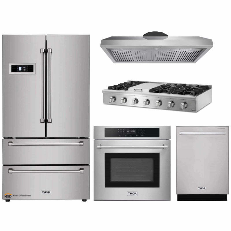 Thor Kitchen 5-Piece Pro Appliance Package - 48-Inch Rangetop, Electric Wall Oven, Premium Hood, Dishwasher & Refrigerator in Stainless Steel