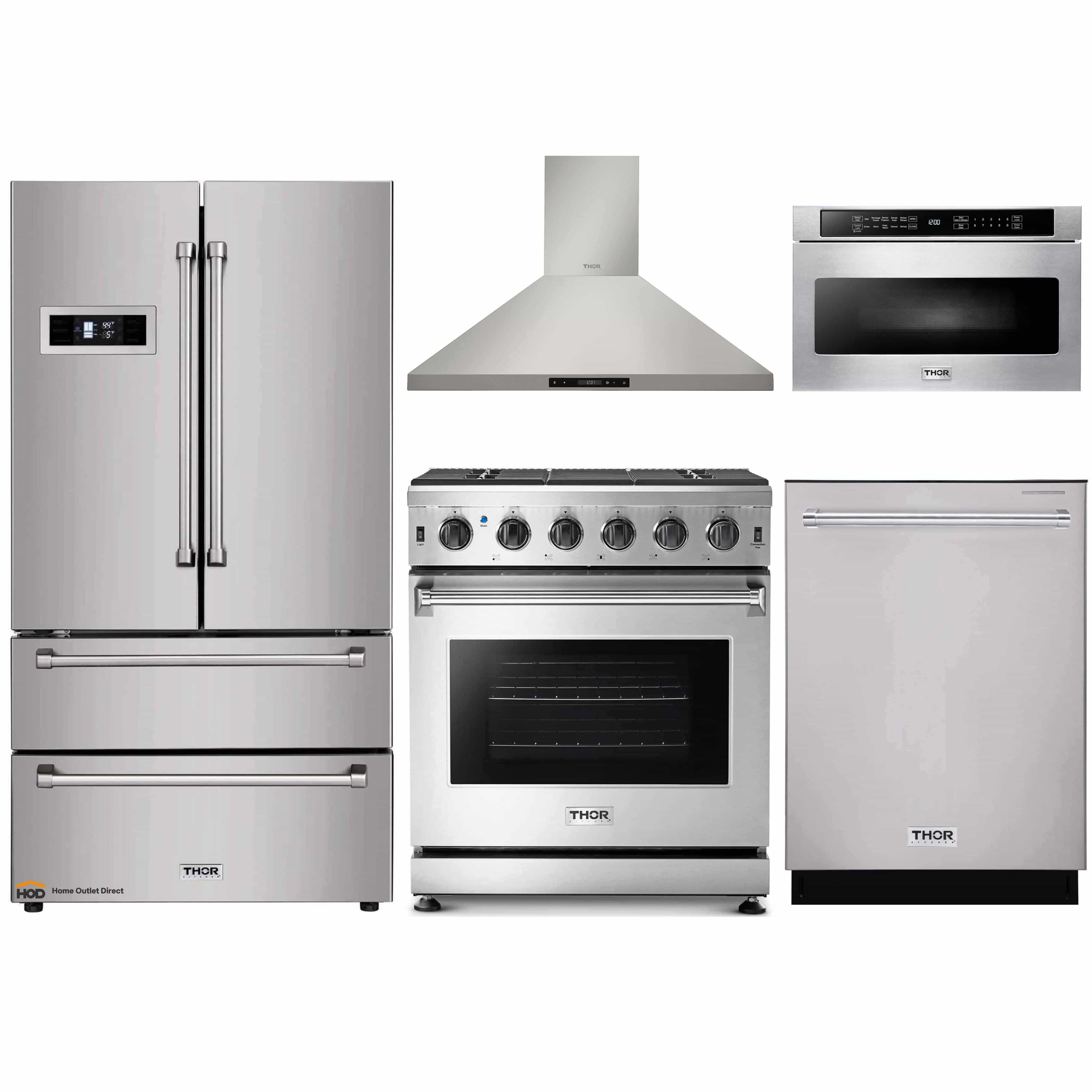 Thor Kitchen 5-Piece Appliance Package - 30-Inch Gas Range, Refrigerator, Wall Mount Hood, Dishwasher, and Microwave Drawer in Stainless Steel