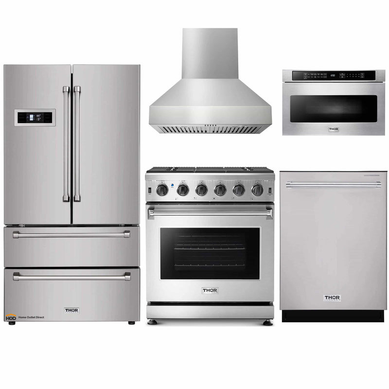 Thor Kitchen 5-Piece Appliance Package - 30-Inch Gas Range, Refrigerator, Pro-Style Wall Mount Hood, Dishwasher, and Microwave Drawer in Stainless Steel