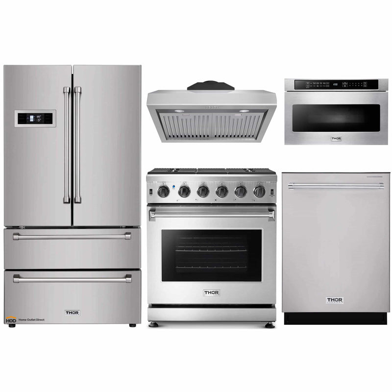 Thor Kitchen 5-Piece Appliance Package - 30-Inch Gas Range, Refrigerator, Under Cabinet Hood, Dishwasher, and Microwave Drawer in Stainless Steel