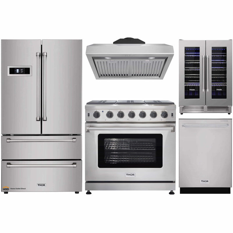 Thor Kitchen 5-Piece Appliance Package - 36-Inch Gas Range, Refrigerator, Under Cabinet Hood, Dishwasher, and Wine Cooler in Stainless Steel