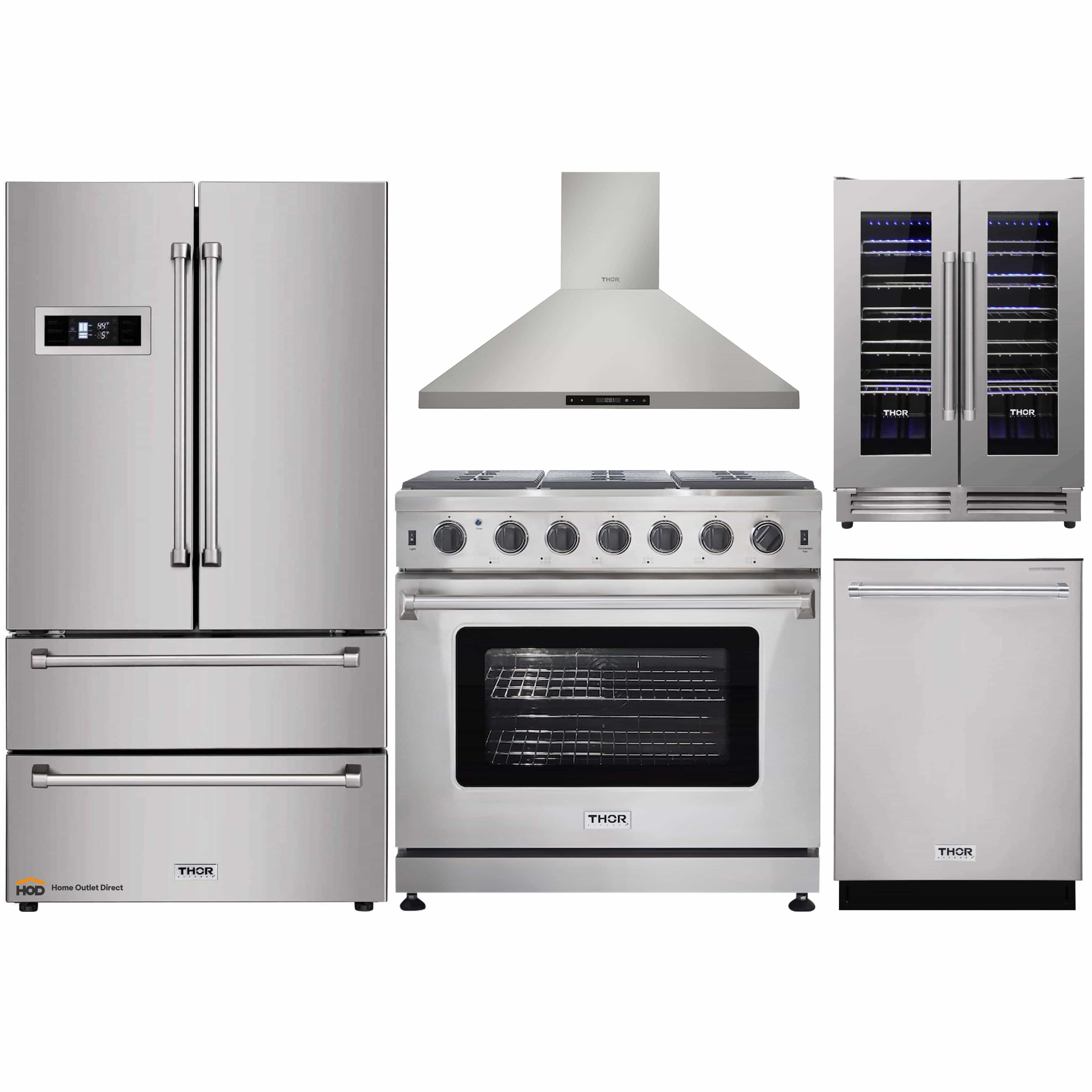 Thor Kitchen 5-Piece Appliance Package - 36-Inch Gas Range, Refrigerator, Wall Mount Hood, Dishwasher, and Wine Cooler in Stainless Steel