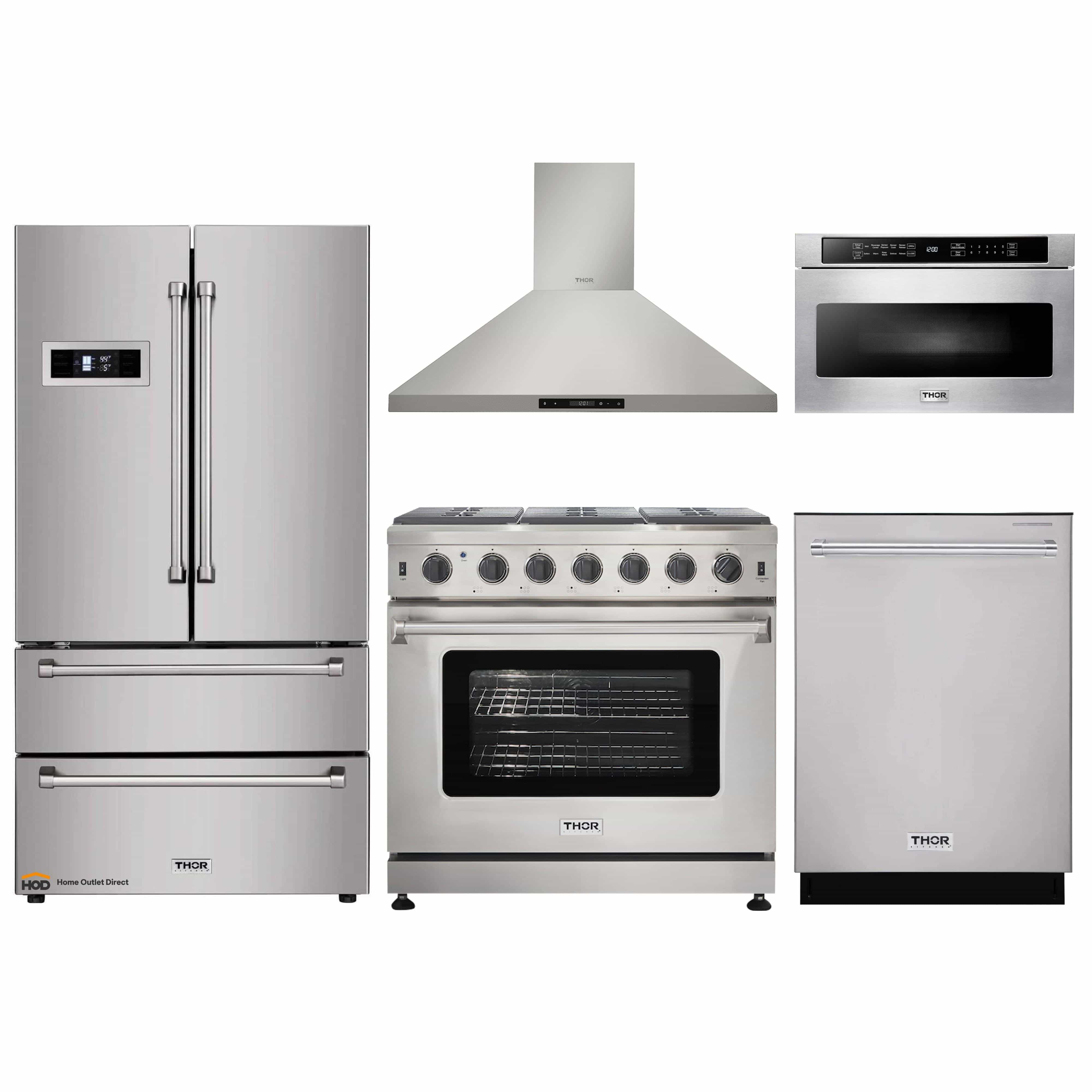 Thor Kitchen 5-Piece Appliance Package - 36-Inch Gas Range, Refrigerator, Wall Mount Hood, Dishwasher, and Microwave Drawer in Stainless Steel