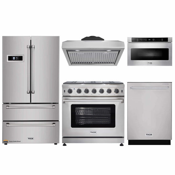 Thor Kitchen 5-Piece Appliance Package - 36-Inch Gas Range, Refrigerator, Under Cabinet Hood, Dishwasher, and Microwave Drawer in Stainless Steel