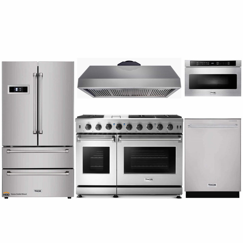 Thor Kitchen 5-Piece Appliance Package - 48-Inch Gas Range, Refrigerator, Under Cabinet 16.5-Inch Tall Hood, Dishwasher, and Microwave Drawer in Stainless Steel