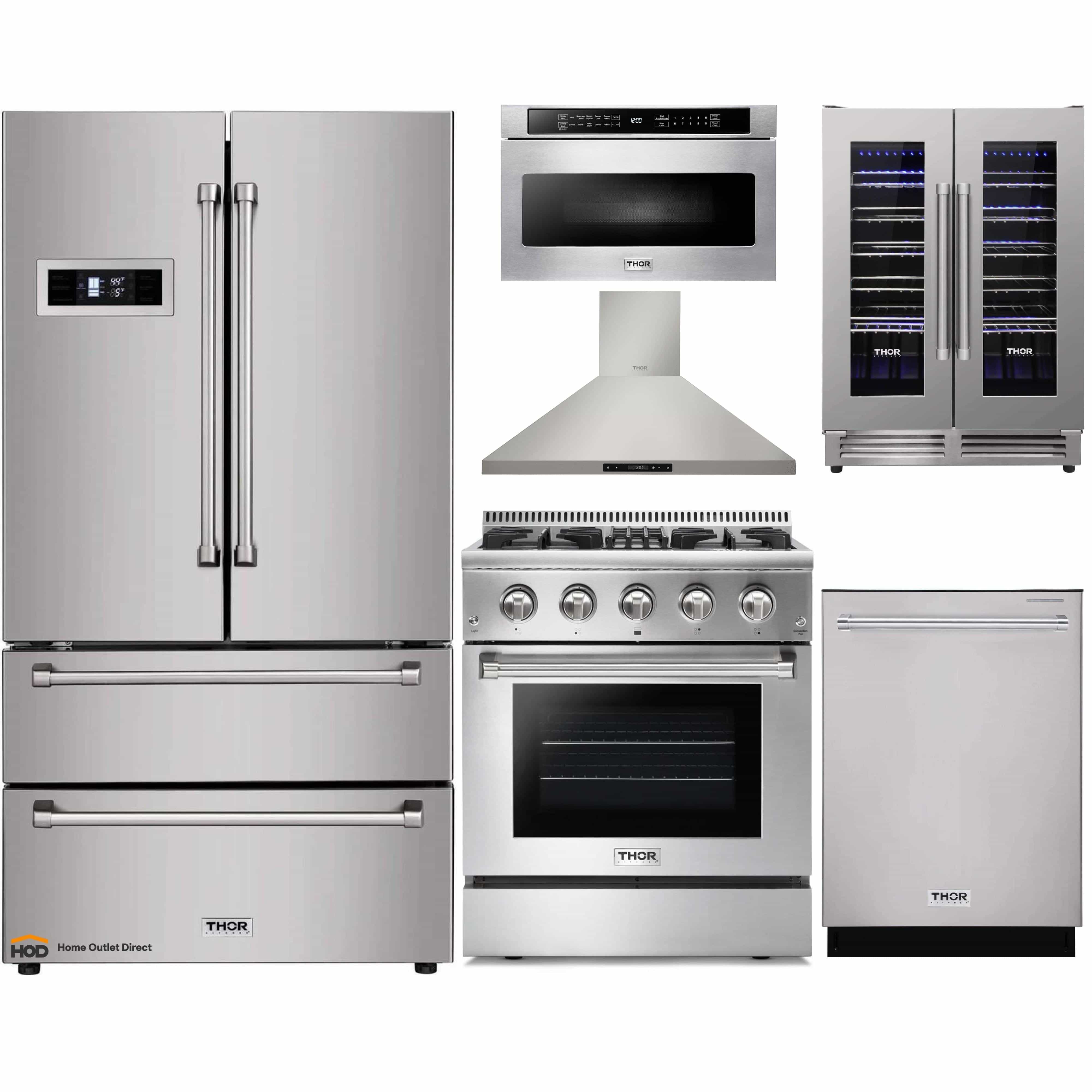 Thor Kitchen 6-Piece Pro Appliance Package - 30-Inch Dual Fuel Range, Refrigerator, Wall Mount Hood, Dishwasher, Microwave Drawer, & Wine Cooler in Stainless Steel