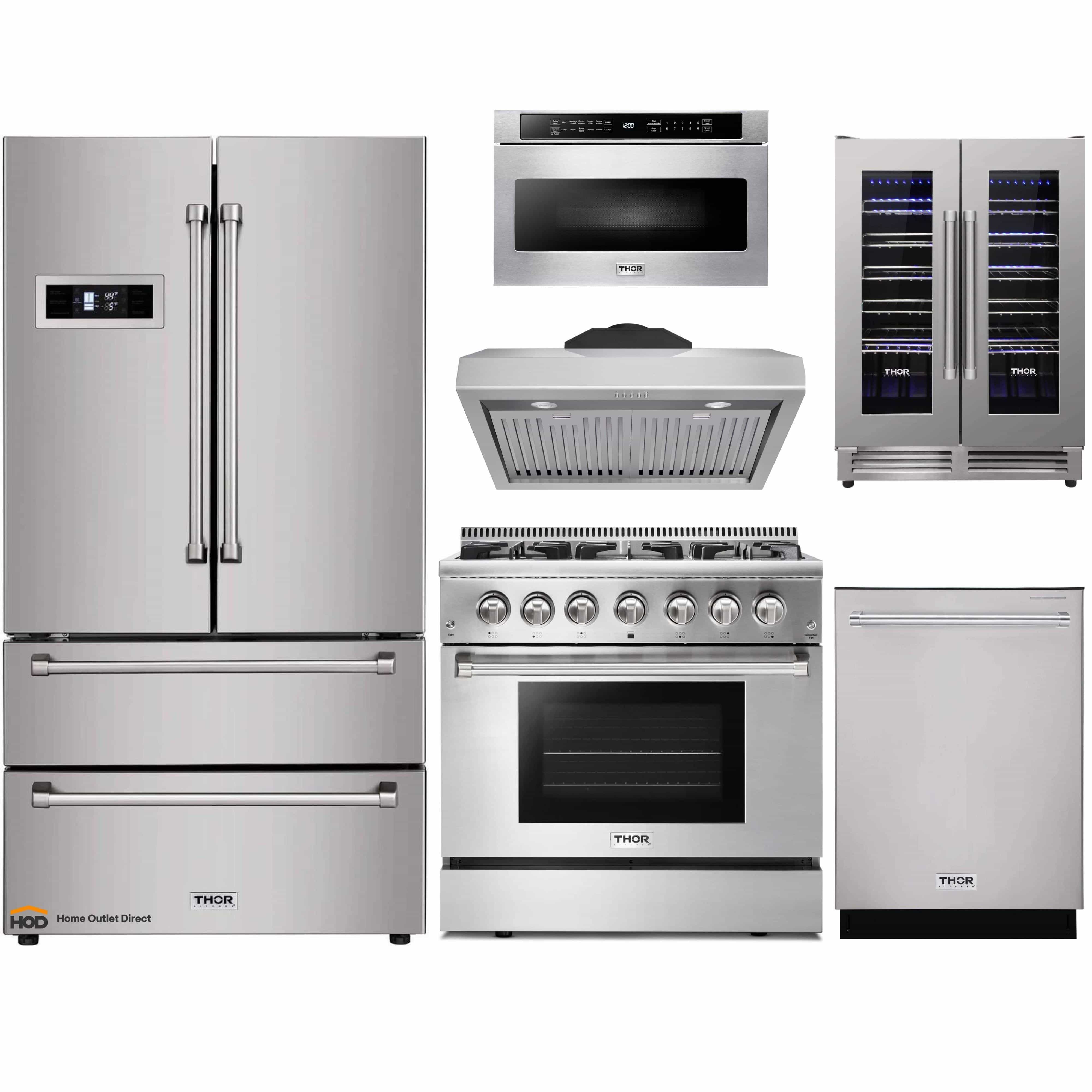 Thor Kitchen 6-Piece Pro Appliance Package - 36-Inch Dual Fuel Range, Refrigerator, Under Cabinet Hood, Dishwasher, Microwave Drawer, and Wine Cooler in Stainless Steel
