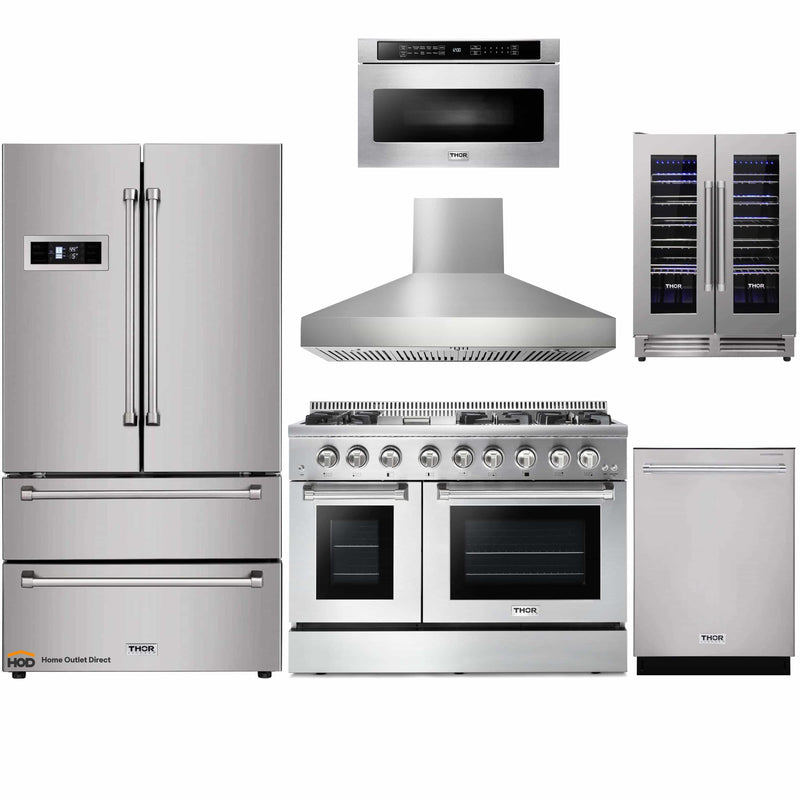 Thor Kitchen 6-Piece Pro Appliance Package - 48-Inch Dual Fuel Range, Refrigerator, Dishwasher, Pro Wall Mount Hood, Microwave Drawer, & Wine Cooler in Stainless Steel