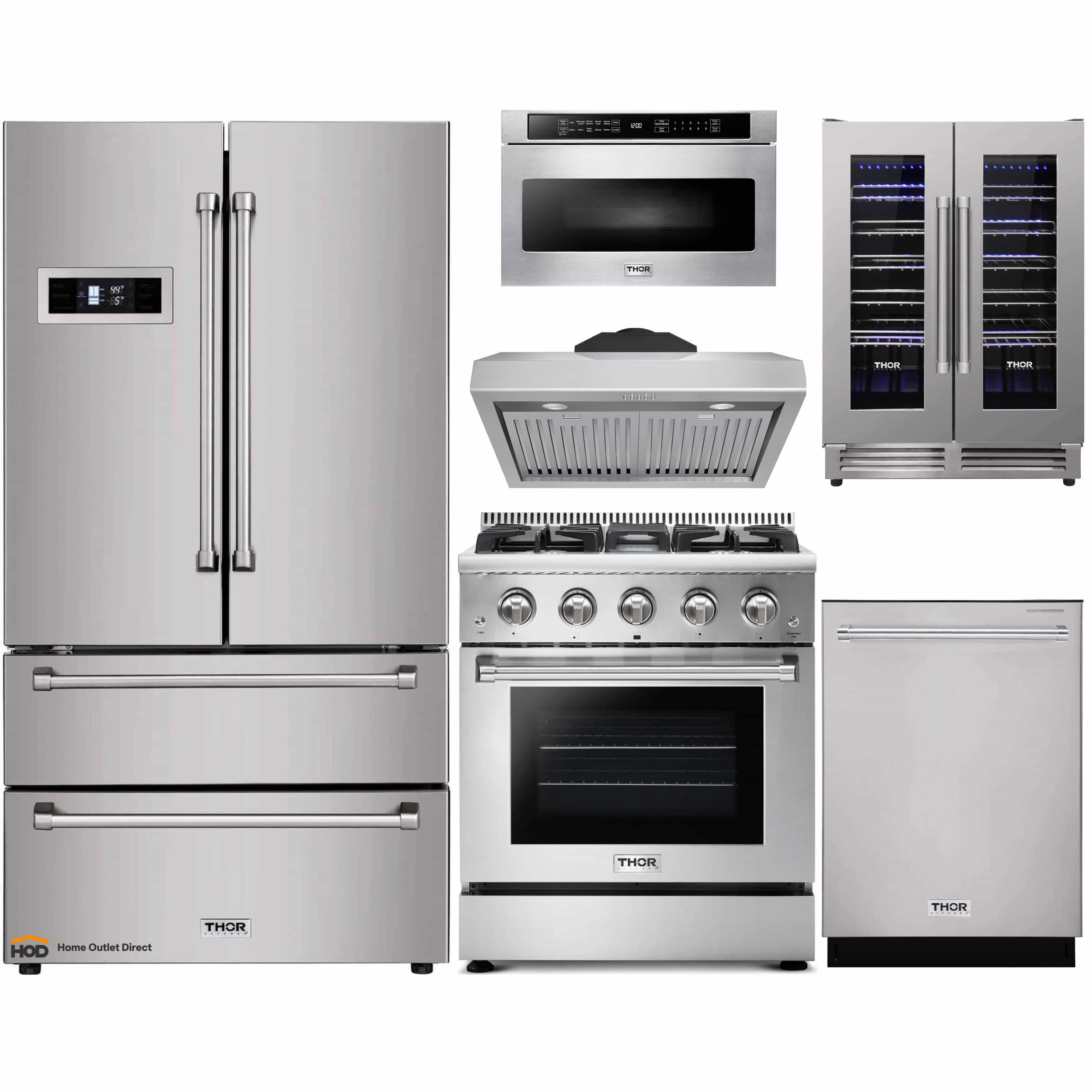 Thor Kitchen 6-Piece Pro Appliance Package - 30-Inch Gas Range, Refrigerator, Under Cabinet Hood, Dishwasher, Microwave Drawer, & Wine Cooler in Stainless Steel