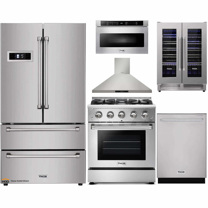 Thor Kitchen 6-Piece Pro Appliance Package - 30-Inch Gas Range, Refrigerator, Wall Mount Hood, Dishwasher, Microwave Drawer, & Wine Cooler in Stainless Steel