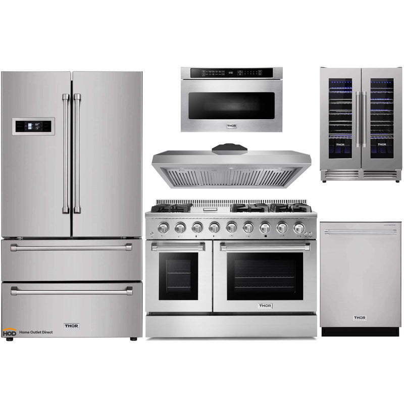 Thor Kitchen 6-Piece Pro Appliance Package - 48-Inch Gas Range, Refrigerator, Dishwasher, Under Cabinet Hood, Microwave Drawer, & Wine Cooler in Stainless Steel