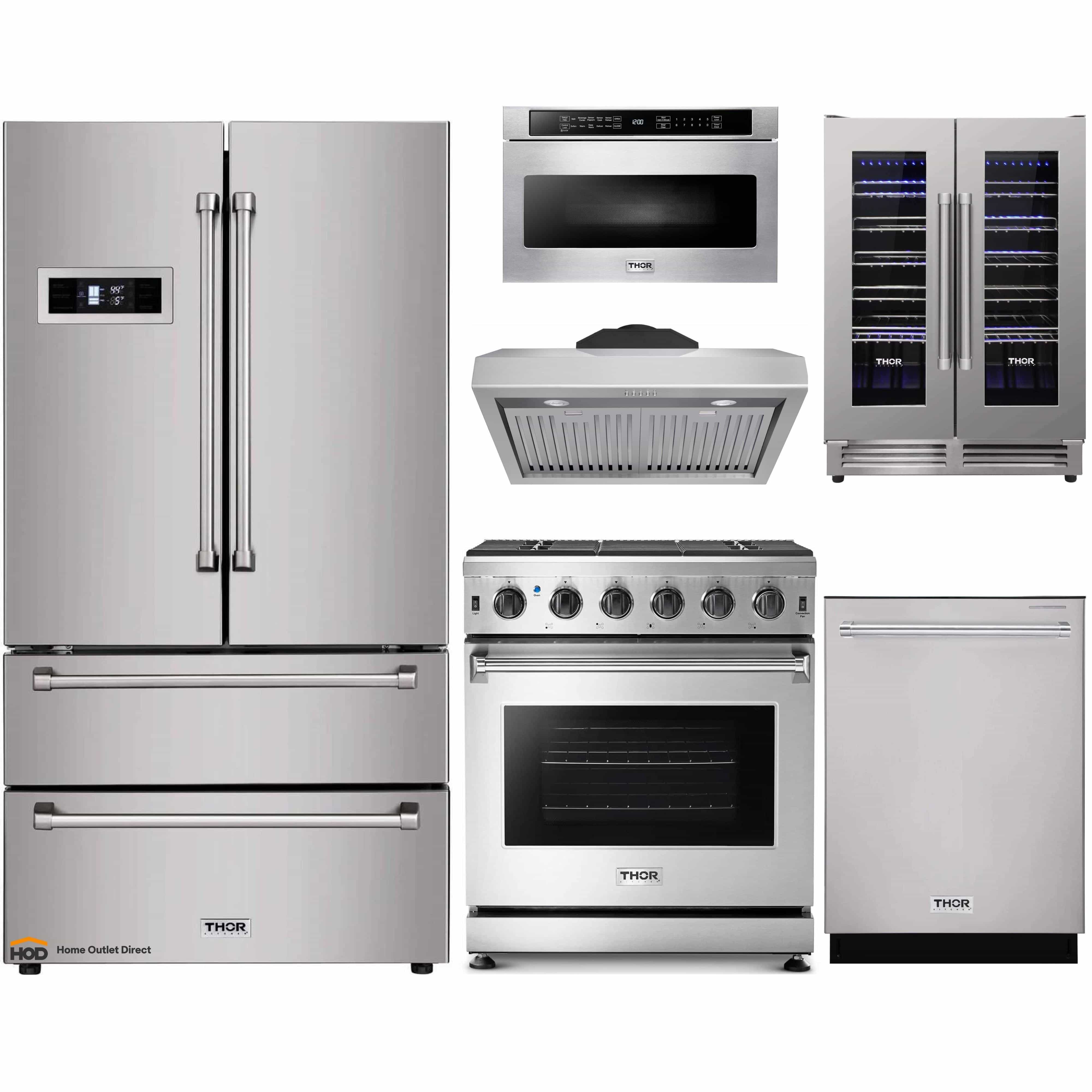 Thor Kitchen 6-Piece Appliance Package - 30-Inch Gas Range, Refrigerator, Under Cabinet Hood, Dishwasher, Microwave Drawer, and Wine Cooler in Stainless Steel