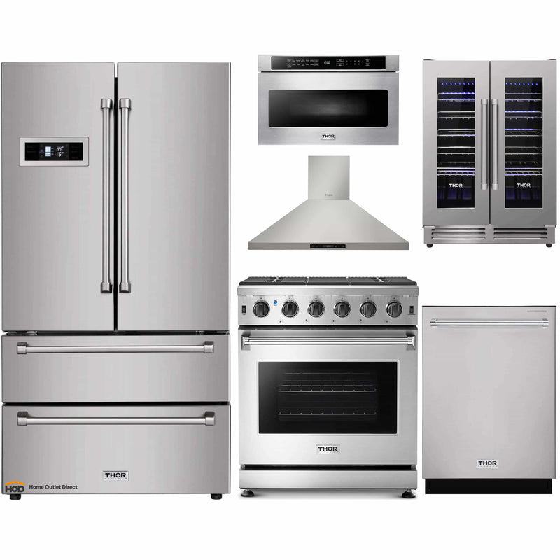 Thor Kitchen 6-Piece Appliance Package - 30-Inch Gas Range, Refrigerator, Wall Mount Hood, Dishwasher, Microwave Drawer, and Wine Cooler in Stainless Steel