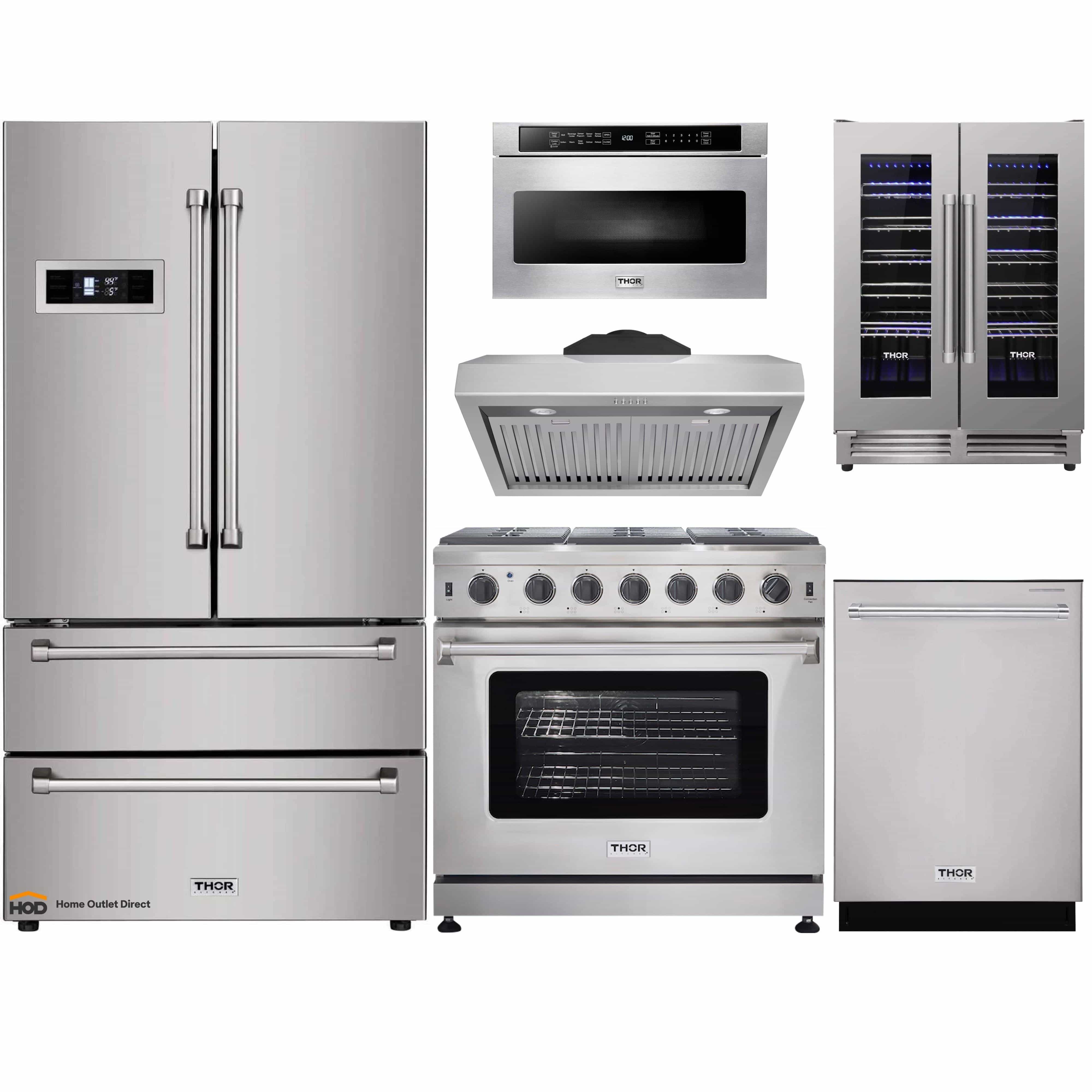 Thor Kitchen 6-Piece Appliance Package - 36-Inch Gas Range, Refrigerator, Under Cabinet Hood, Dishwasher, Microwave Drawer, and Wine Cooler in Stainless Steel