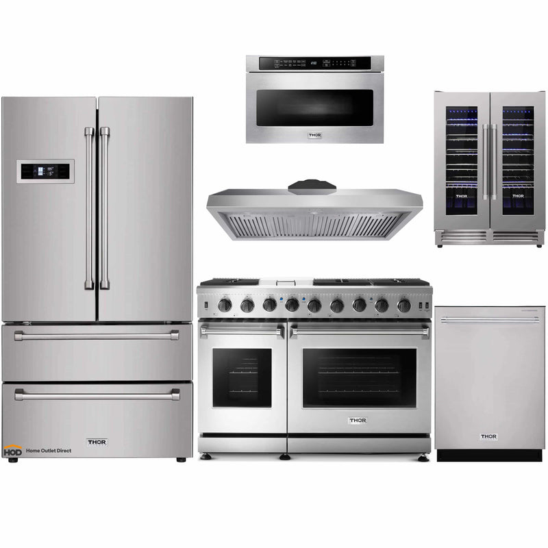 Thor Kitchen 6-Piece Appliance Package - 48-Inch Gas Range, Refrigerator, Under Cabinet Hood, Dishwasher, Microwave Drawer, and Wine Cooler in Stainless Steel