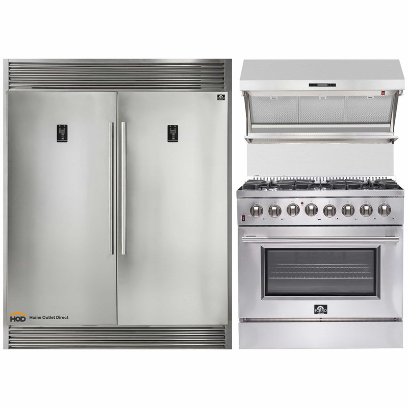 Forno 3-Piece Appliance Package - 36-Inch Dual Fuel Range, 60-Inch Pro-Style Refrigerator & Wall Mount Hood with Backsplash in Stainless Steel