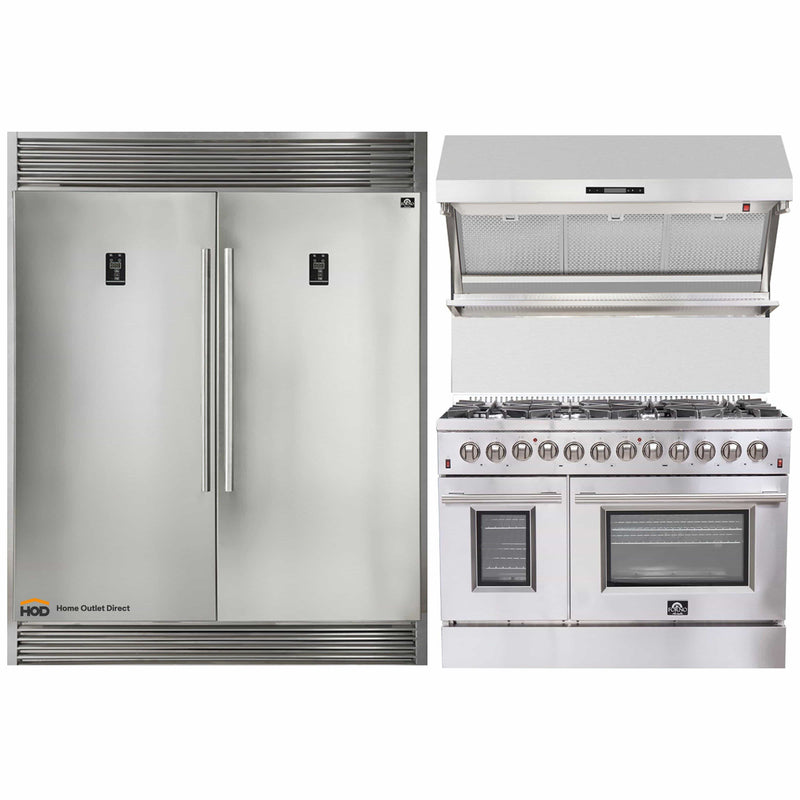 Forno 3-Piece Appliance Package - 48-Inch Dual Fuel Range, 60-Inch Pro-Style Refrigerator & Wall Mount Hood with Backsplash in Stainless Steel