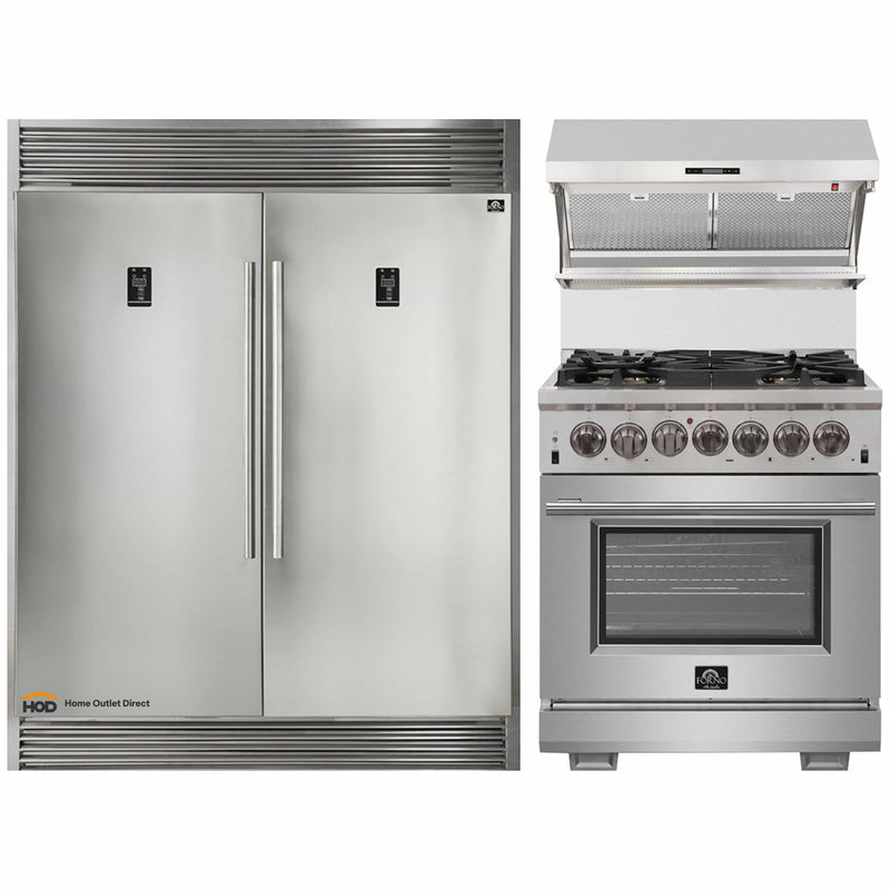 Forno 3-Piece Appliance Package - 30-Inch Dual Fuel Range, 60-Inch Pro-Style Refrigerator & Wall Mount Hood with Backsplash in Stainless Steel