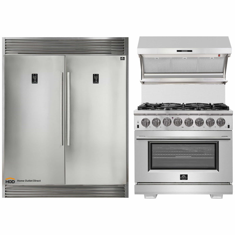 Forno 3-Piece Appliance Package - 36-Inch Dual Fuel Range, 60-Inch Pro-Style Refrigerator & Wall Mount Hood with Backsplash in Stainless Steel