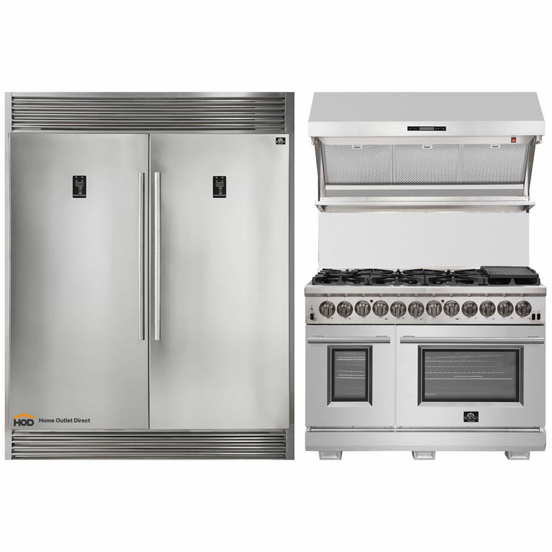 Forno 3-Piece Appliance Package - 48-Inch Dual Fuel Range, 60-Inch Pro-Style Refrigerator & Wall Mount Hood with Backsplash in Stainless Steel