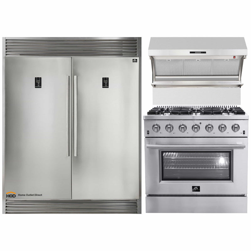 Forno 3-Piece Appliance Package - 36-Inch Gas Range, 60-Inch Pro-Style Refrigerator & Wall Mount Hood with Backsplash in Stainless Steel