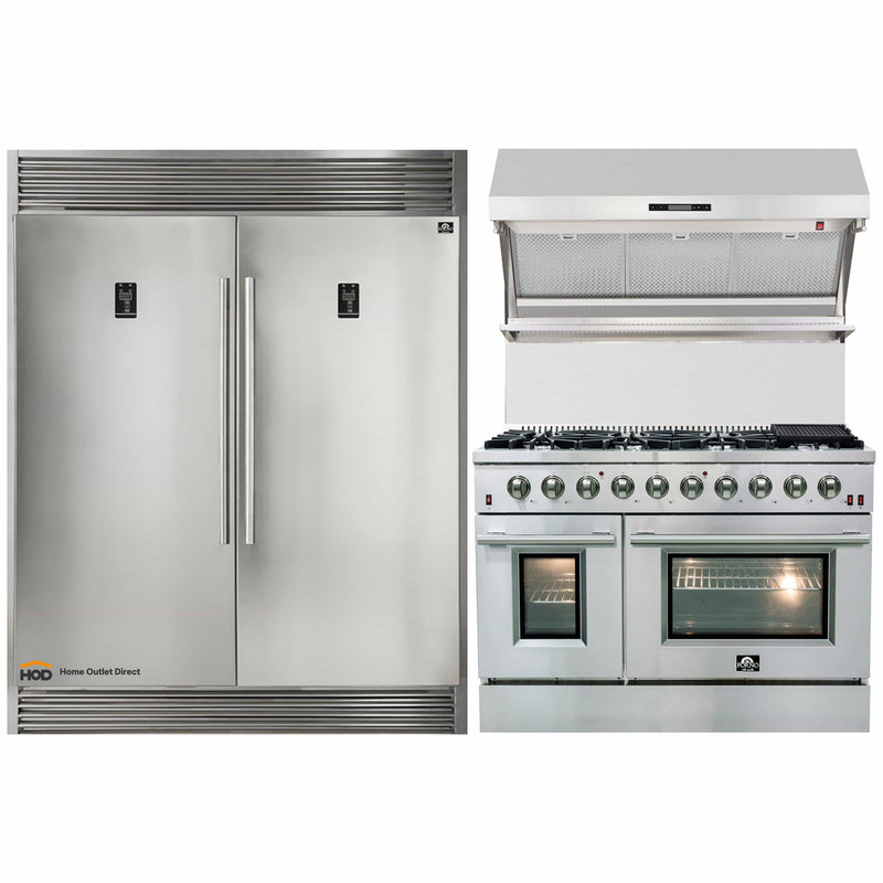 Forno 3-Piece Appliance Package - 48-Inch Gas Range, 60-Inch Pro-Style Refrigerator & Wall Mount Hood with Backsplash in Stainless Steel