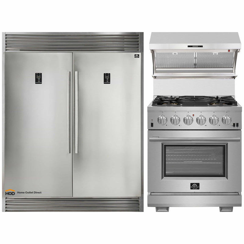 Forno 3-Piece Appliance Package - 30-Inch Gas Range, 60-Inch Pro-Style Refrigerator & Wall Mount Hood with Backsplash in Stainless Steel