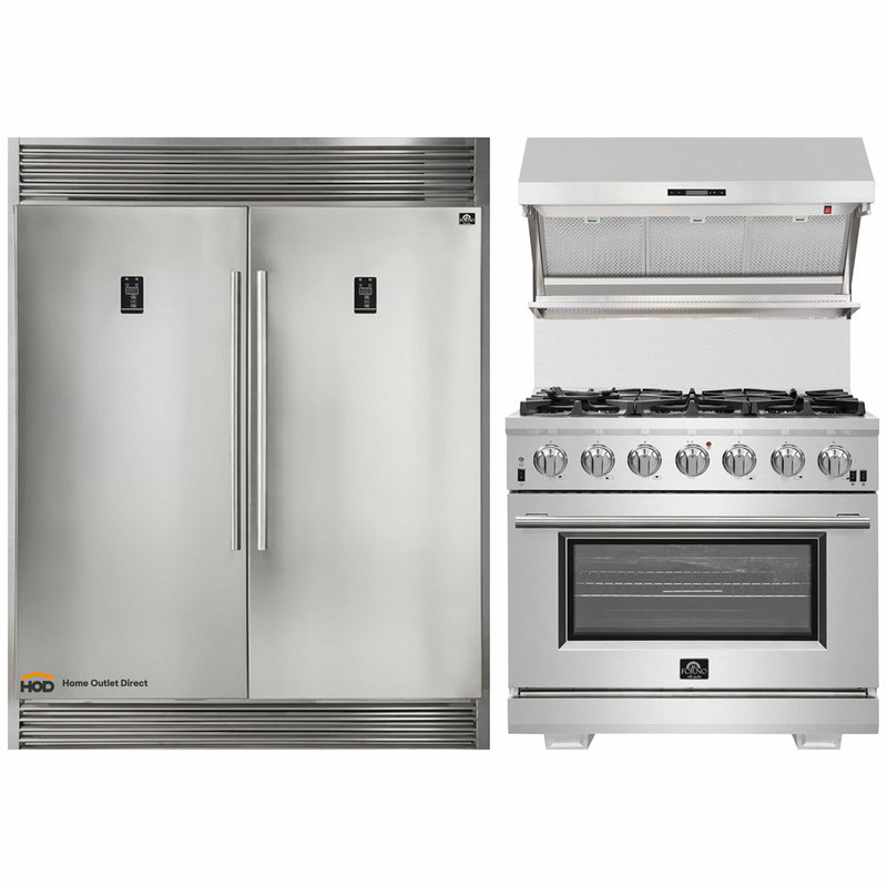 Forno 3-Piece Appliance Package - 36-Inch Gas Range, 60-Inch Pro-Style Refrigerator & Wall Mount Hood with Backsplash in Stainless Steel