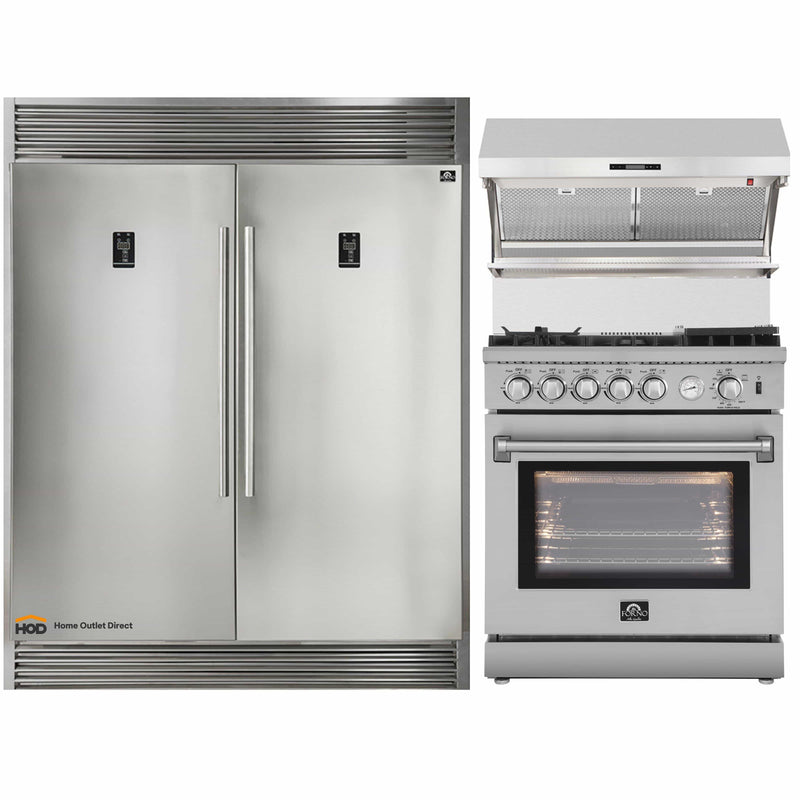 Forno 3-Piece Appliance Package - 30-Inch Gas Range with Air Fryer, 56-Inch Pro-Style Refrigerator & Wall Mount Hood with Backsplash in Stainless Steel