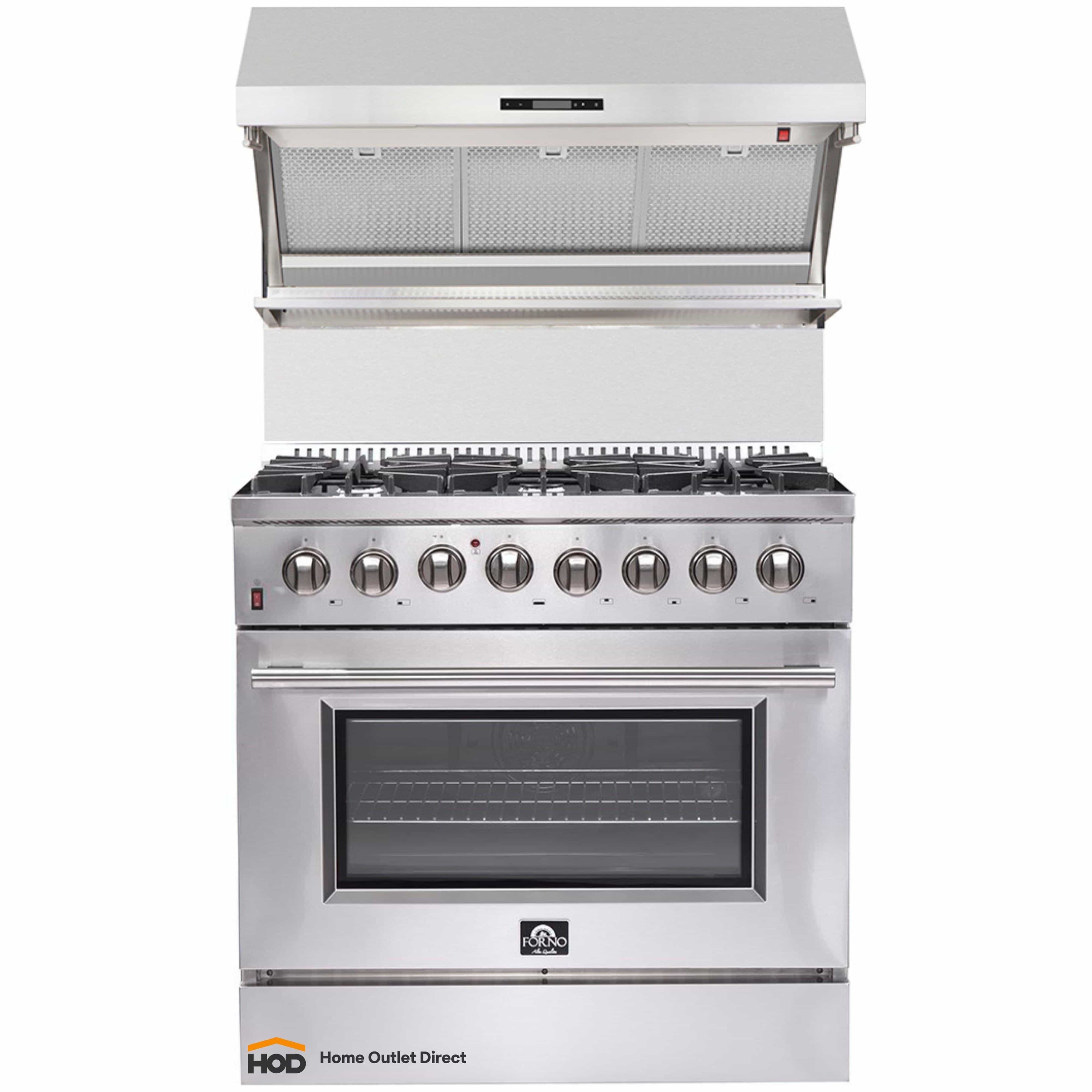 Stainless steel dual fuel range with oven door and wall-mounted hood, control panel