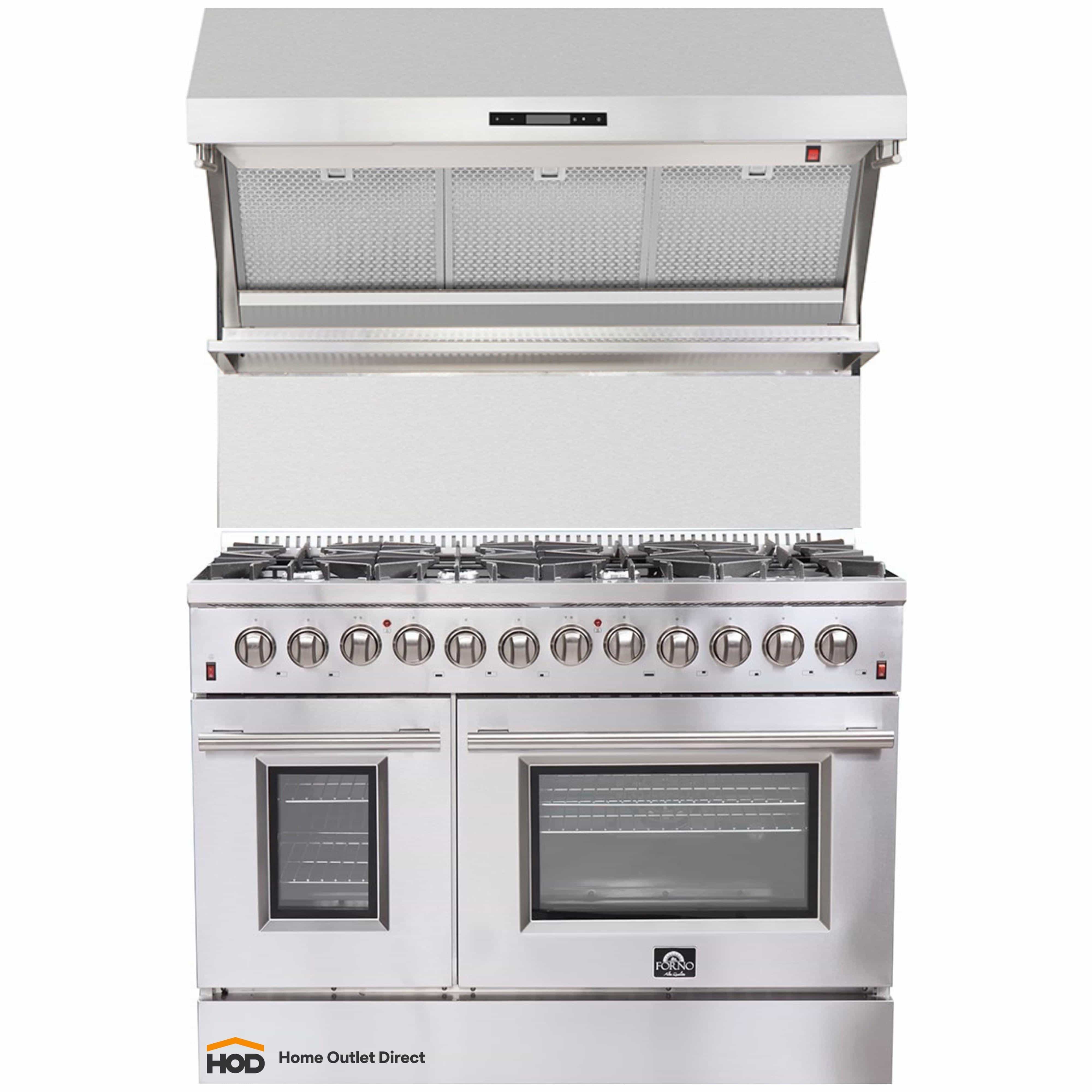 Stainless steel wall hood mounted above stainless dual fuel range with twin ovens