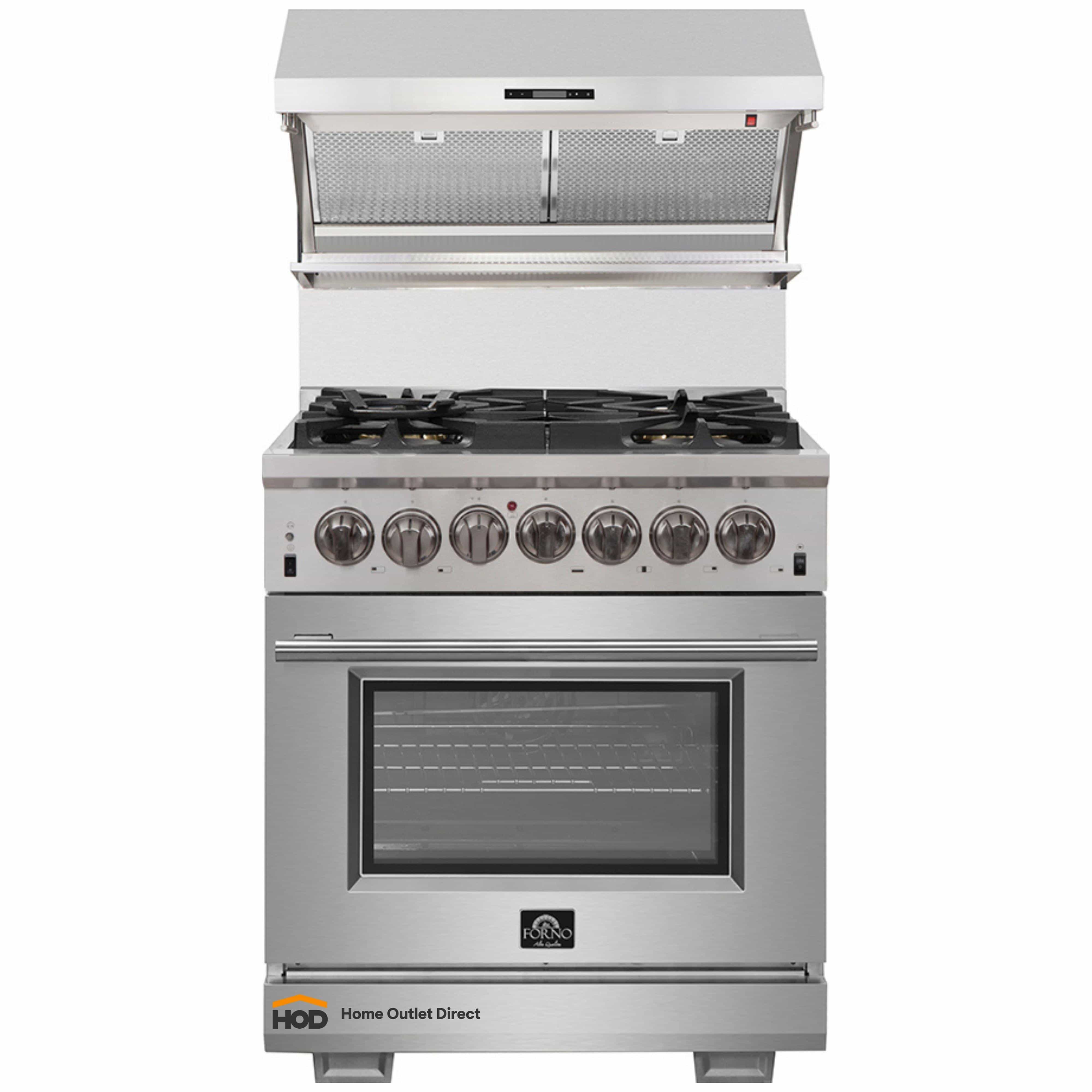 Stainless steel dual fuel range with open broiler-style hood above