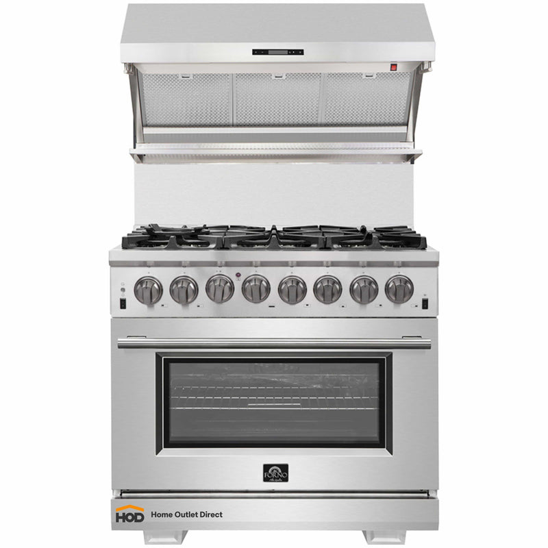 Forno 2-Piece Pro Appliance Package - 36-Inch Dual Fuel Range & Wall Mount Hood with Backsplash in Stainless Steel