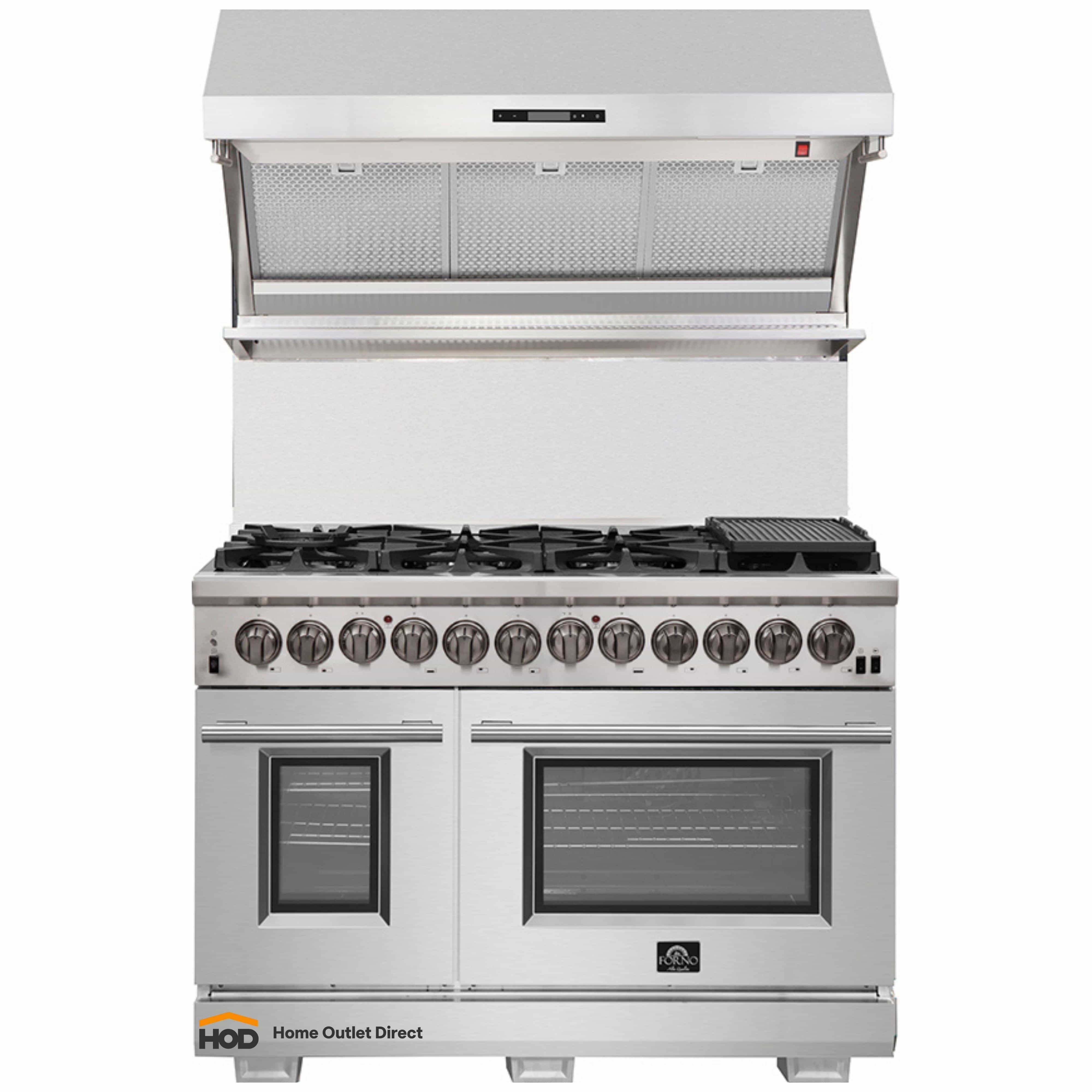 Stainless steel range under wall hood with control knobs and front vent label.